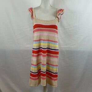 Rails  Semi-Open Weave June Tan Multi-Stripe Dress L  Red Pink Blue Yellow Strip